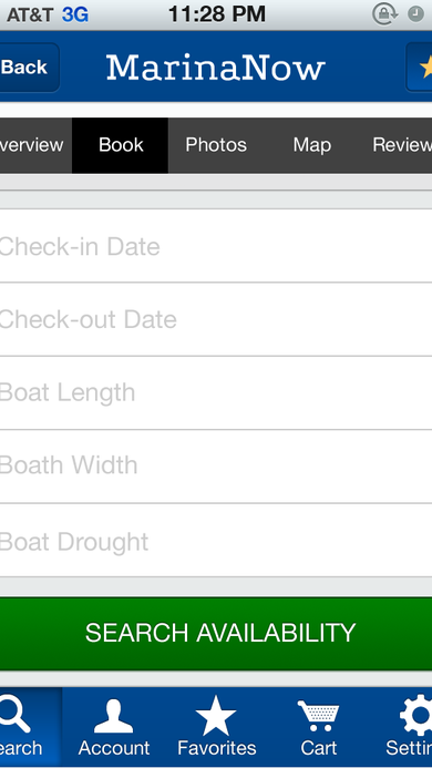 Boat-specific booking form with check-in date, check-out date, boat length, boat width, and boat draft fields above a Search Availability button.