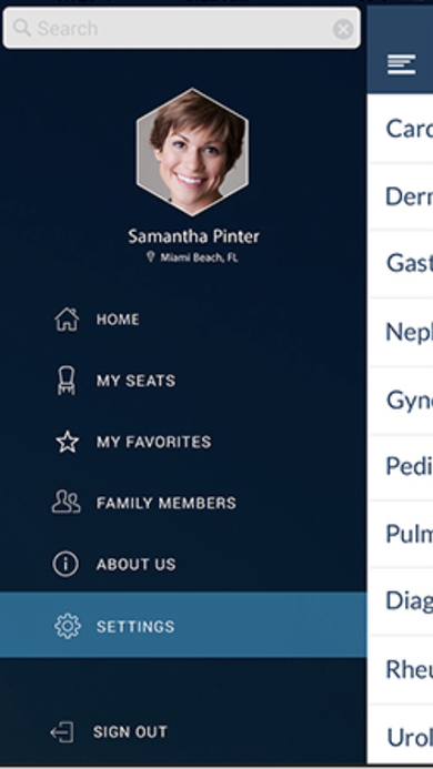 Slide-out profile menu with Home, My Seats, My Favorites, Family Members, About Us, Settings, and Sign Out.
