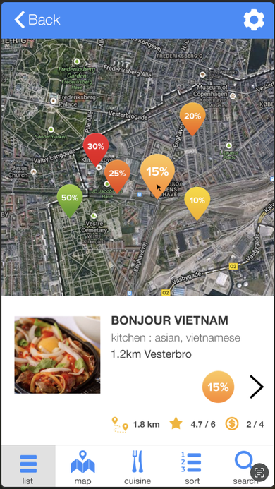 Map view showing color-coded discount pins ranging from 10% to 50% across nearby restaurants.