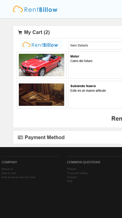 My Cart page listing queued rental items with thumbnails, item details, and rent amount payable.