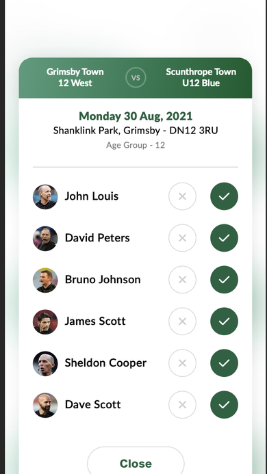 Referee attendance checklist for a match showing a list of officials with checkmark and X approval controls.