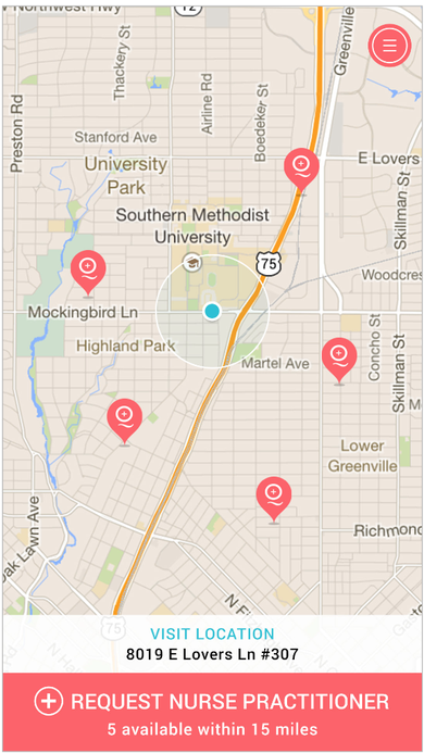 Map screen showing nearby nurse practitioner pins around a neighborhood with a Request Nurse Practitioner action bar showing 5 available within 15 miles.