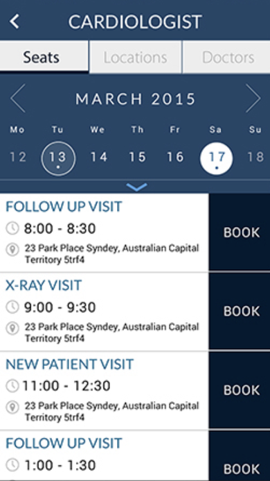Cardiologist Seats tab showing a March 2015 calendar and a list of bookable appointment slots with Book buttons.