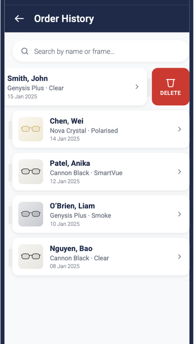 Order History screen with a searchable list of past orders showing patient name, frame, tint, and date.