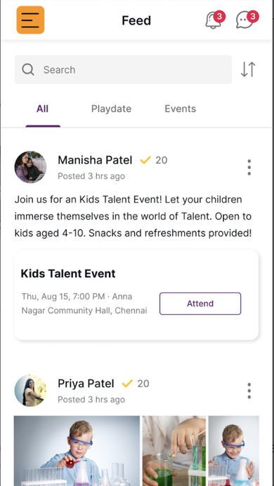 Feed screen showing community posts, a Kids Talent Event card with an Attend button, and category tabs for All, Playdate, and Events.