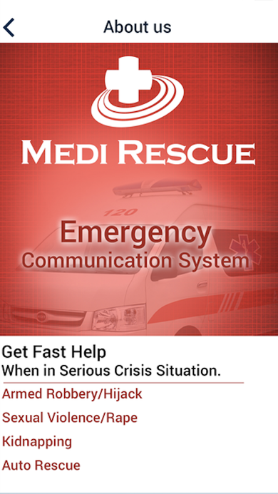 About Us screen listing emergency categories: Armed Robbery/Hijack, Sexual Violence/Rape, Kidnapping, and Auto Rescue.