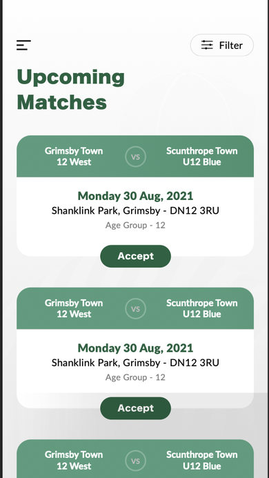 Upcoming Matches screen showing fixture cards for Grimsby Town vs Scunthrope Town with date, venue, and an Accept button.