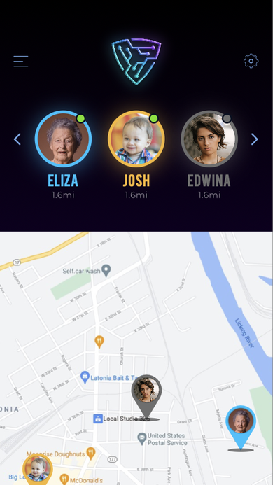 Family carousel with live status dots above a map showing real-time location pins for each member.