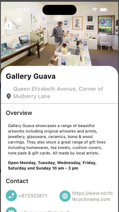 Gallery Guava listing detail page with hero photo, address, overview, hours, and contact actions.