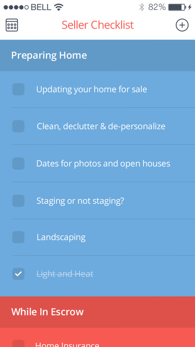 Seller Checklist screen with categorized to-dos under Preparing Home and While In Escrow headers and tappable checkboxes.