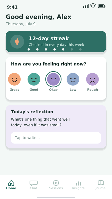Home screen with a five-option mood check-in, a 12-day streak counter, and a daily reflection prompt card
