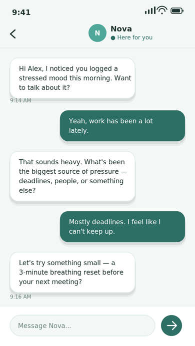 AI companion chat with warm supportive messages between the user and the Nova companion