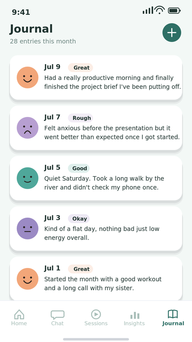 Journal entries list with dates, short excerpts, and detected mood tags