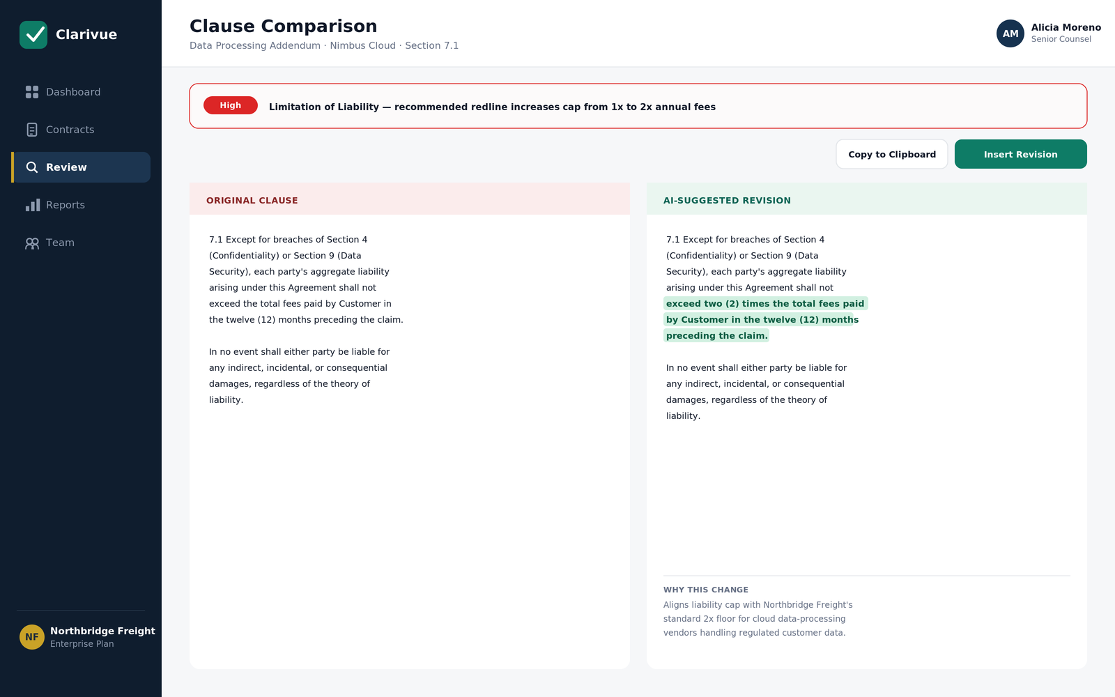 Clause comparison screen showing original contract language side by side with an AI-suggested revised clause with tracked changes