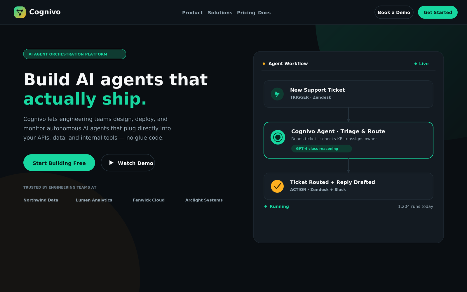Cognivo homepage hero section with navigation bar, headline, CTA buttons, and an agent workflow diagram