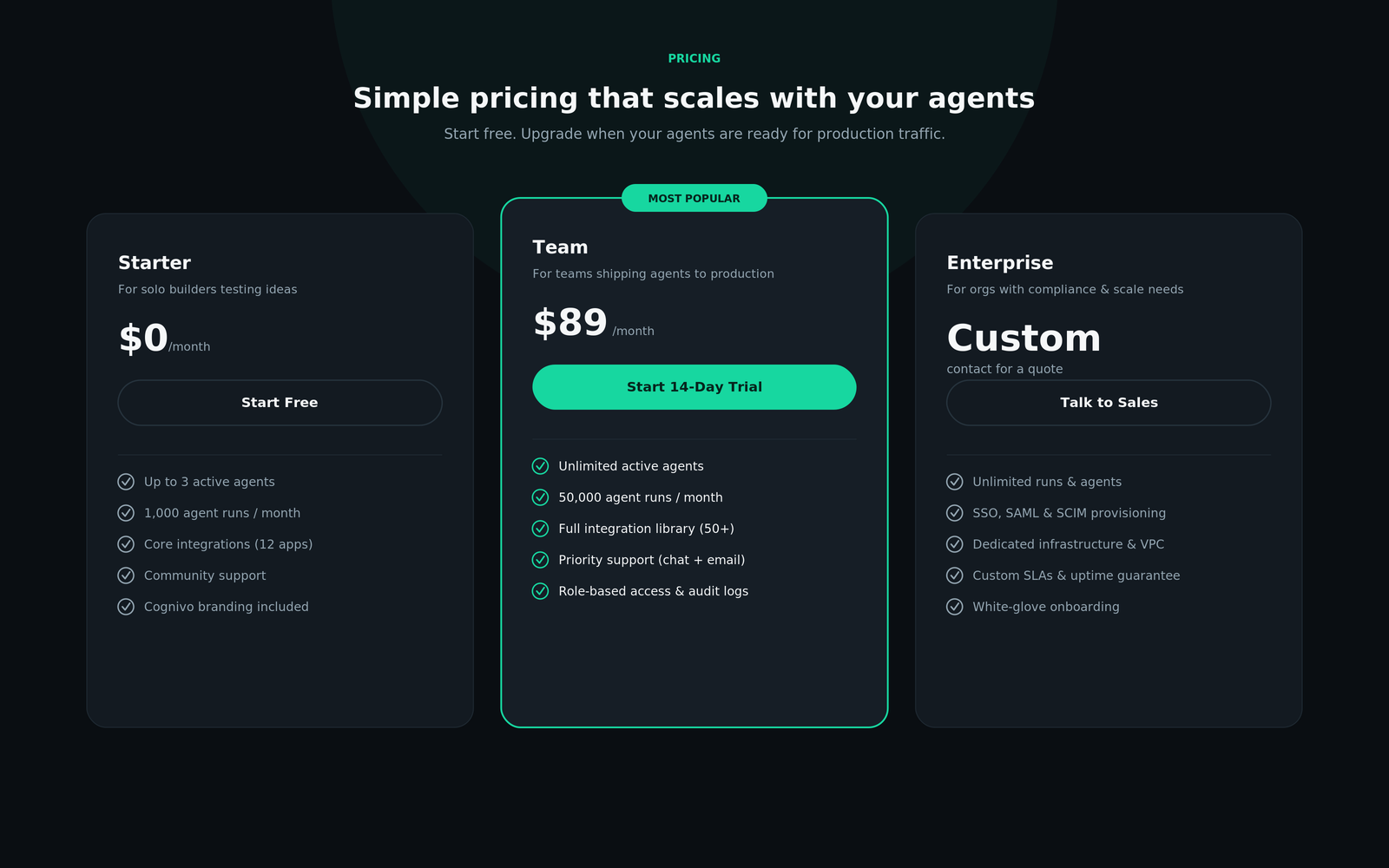 Pricing section with Starter, Team, and Enterprise tier cards and feature checklists