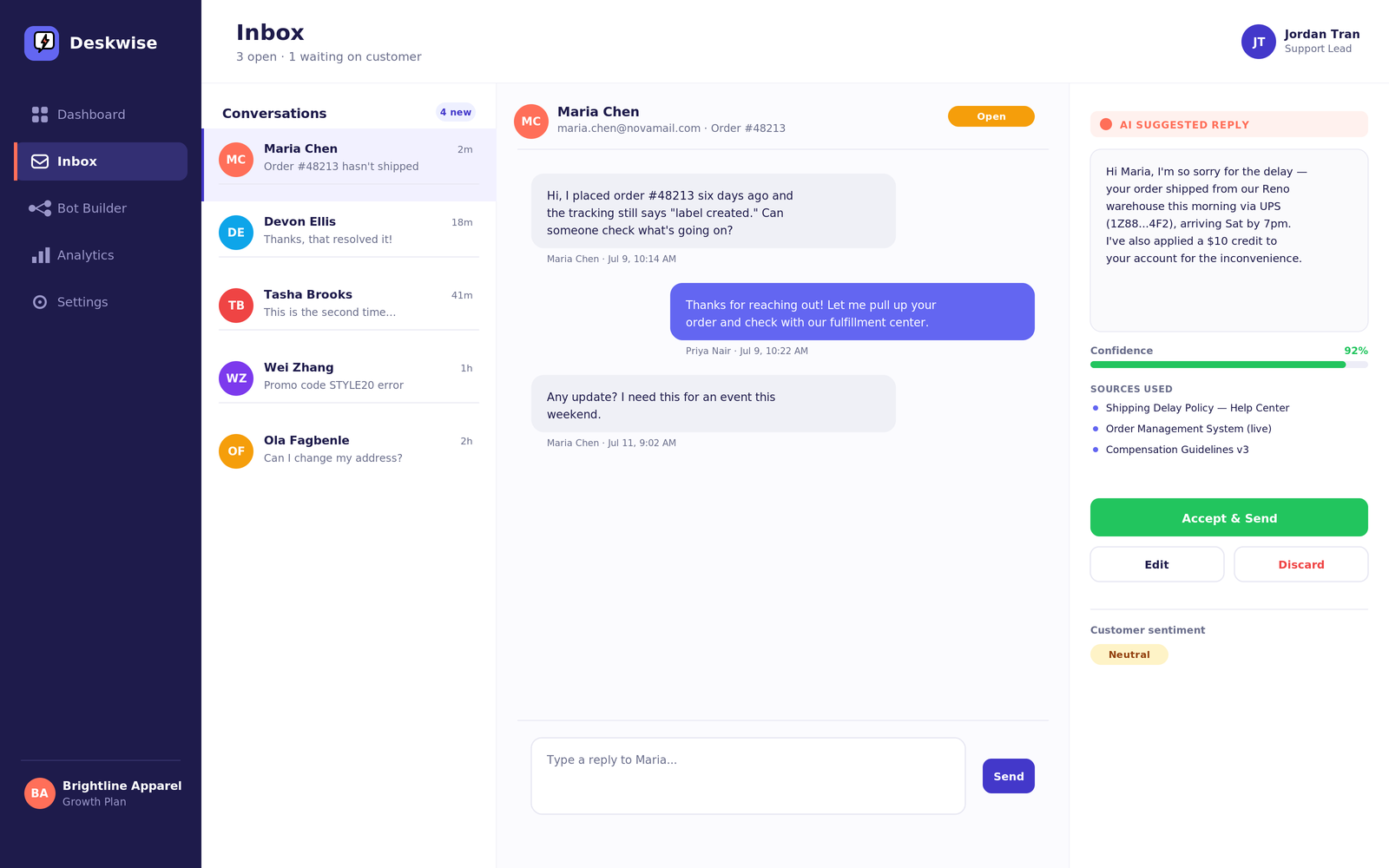 Inbox view with a live customer chat thread and an AI Suggested Reply panel with confidence score and source citations