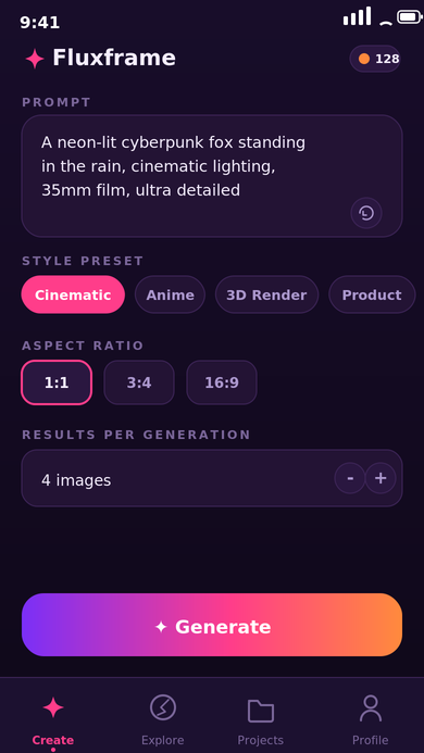Prompt input screen with an entered text description, style preset chips, aspect ratio selector, and a gradient Generate button.