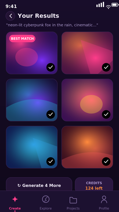 Results grid showing six AI-generated thumbnails from one prompt, with a Best Match badge and a Generate 4 More action.