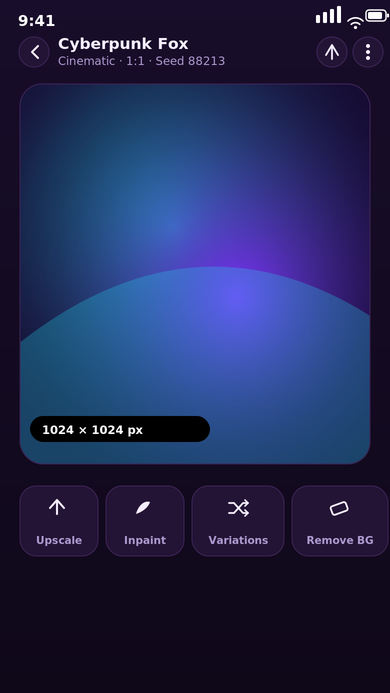 Image detail editor with one selected generation enlarged and a toolbar for Upscale, Inpaint, Variations, and Remove BG.