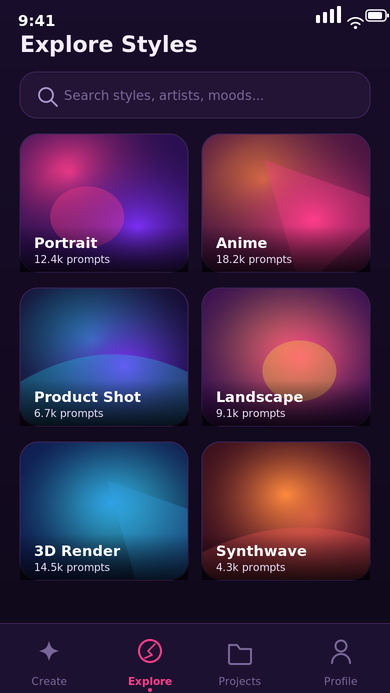 Style gallery showing browsable category cards for Portrait, Anime, Product Shot, Landscape, 3D Render, and Synthwave.