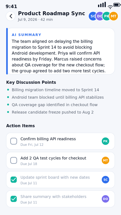 Meeting summary screen with an AI-generated paragraph, key discussion points, and an action items checklist with assignees.