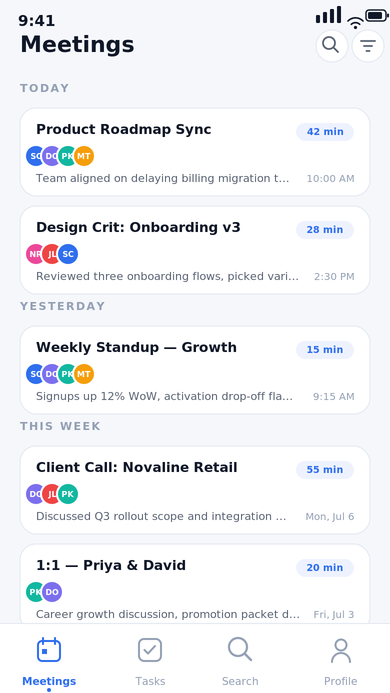 Meetings list grouped by Today, Yesterday, and This Week, showing duration, participant avatars, and summary previews.