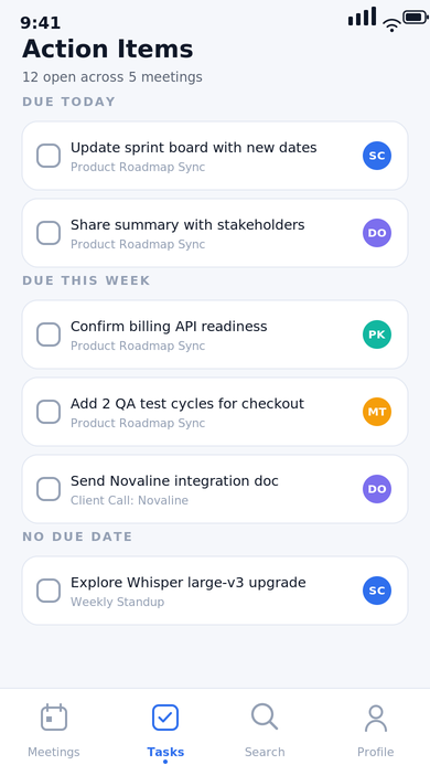 Action items screen with tasks grouped by due date, each showing its source meeting and assigned teammate.