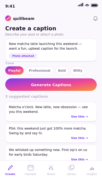 Caption generator screen with a topic input, Playful tone selected, a gradient Generate button, and three suggested captions.