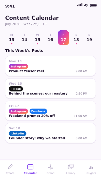 Content calendar showing a week strip with Friday highlighted and a list of scheduled posts tagged by platform.
