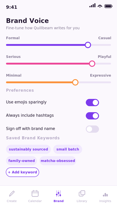 Brand Voice settings screen with tone sliders, preference toggles, and saved brand keyword chips.