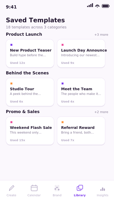 Saved templates library grouped into Product Launch, Behind the Scenes, and Promo & Sales categories.
