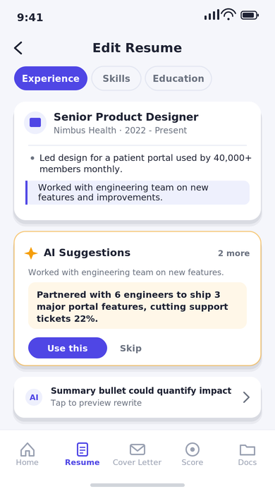 Resume editor with the Experience section open and an AI Suggestions panel offering a rewritten bullet point