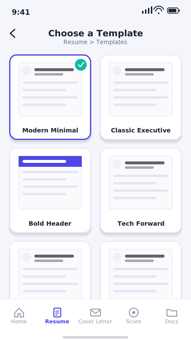 Template picker gallery showing six resume template thumbnails with one selected