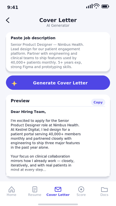AI cover letter generator screen with a pasted job description and a generated cover letter preview