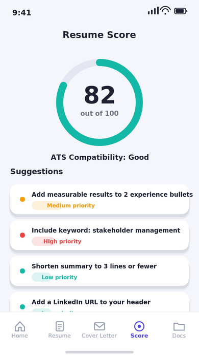 ATS compatibility score ring at 82 out of 100 with a list of specific improvement suggestions