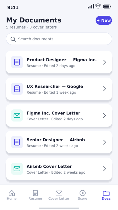 My Documents dashboard listing saved resumes and cover letters with target job titles and last-edited dates