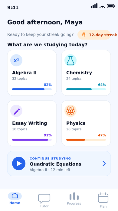 Home screen with subject picker grid, streak counter, and continue-studying card
