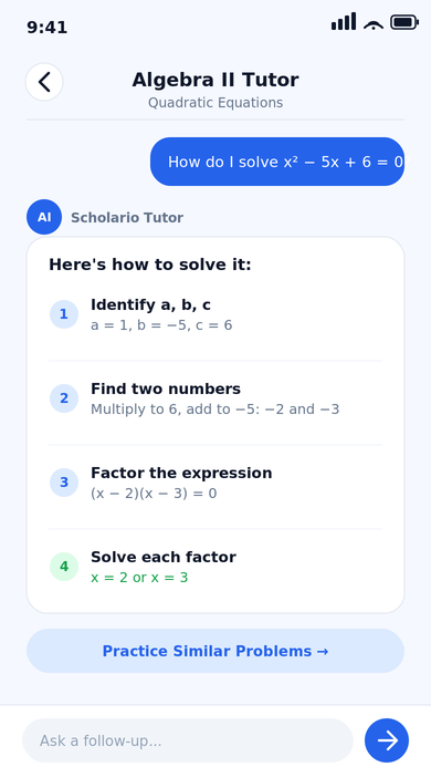 AI tutor chat screen showing a student question and a numbered step-by-step explanation
