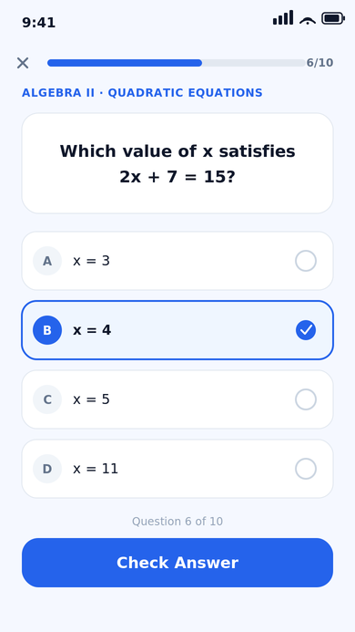 Practice quiz screen with a multiple-choice question and progress bar
