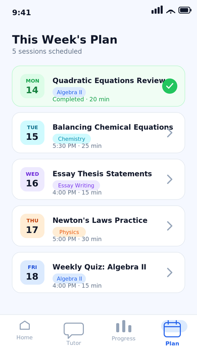 Study plan screen listing scheduled sessions by day with subject tags and duration
