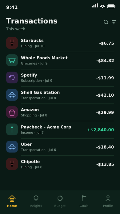 Recent transactions list with merchant names, category icons, dates, and amounts including one income deposit.