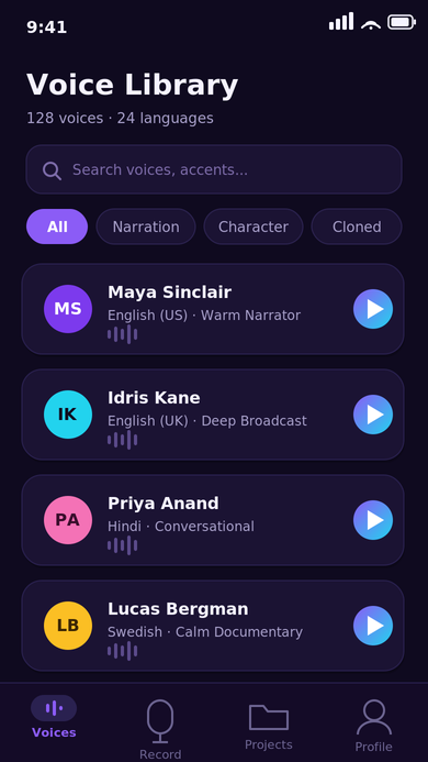 Voice library screen showing a searchable list of AI voices with accent tags and waveform previews