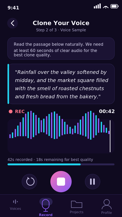 Voice cloning screen with live waveform visualization during a guided recording session