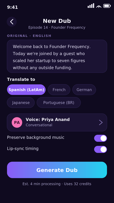 Dubbing project screen with original script, target language picker, and Generate Dub button