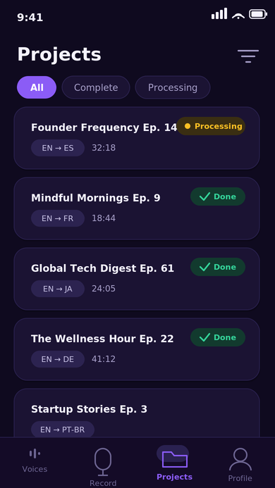 Project history list showing past dubbing jobs with language pairs, duration, and status
