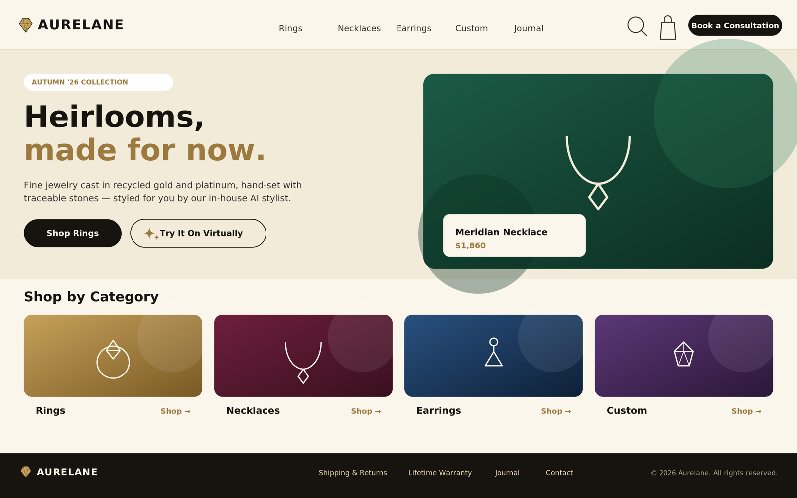 Aurelane homepage hero with Autumn '26 collection headline, virtual try-on CTA, and shop-by-category tiles for Rings, Necklaces, Earrings, and Custom.