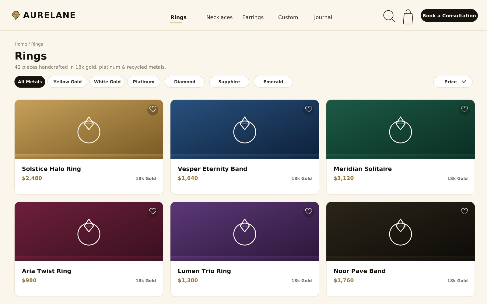 Rings collection listing page with metal and stone filters and a six-piece product grid showing names, prices, and metal type.