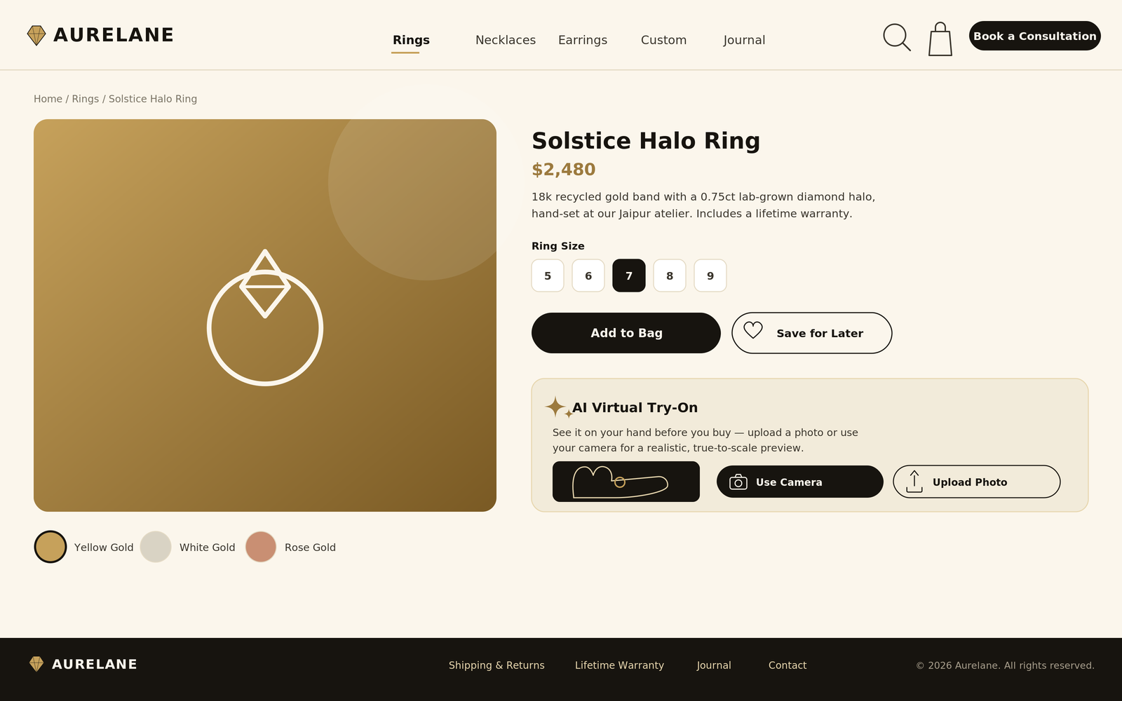 Solstice Halo Ring product detail page with size selector, add-to-bag actions, and an AI Virtual Try-On panel with camera and upload options.