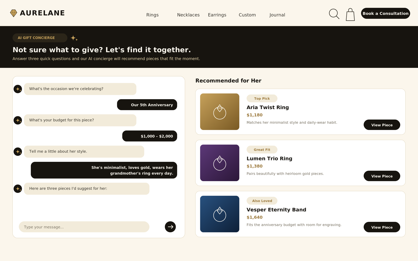 AI Gift Concierge chat interface asking about occasion, budget, and recipient style, with three recommended rings and match reasoning.